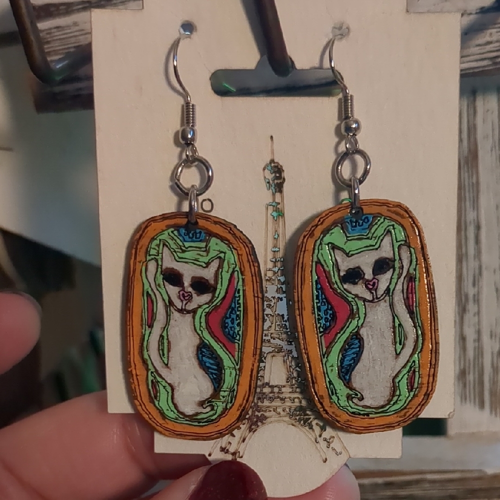 Colorful Cat Dangle Earrings Folk Art Boho Whimsical Kitty Jewelry